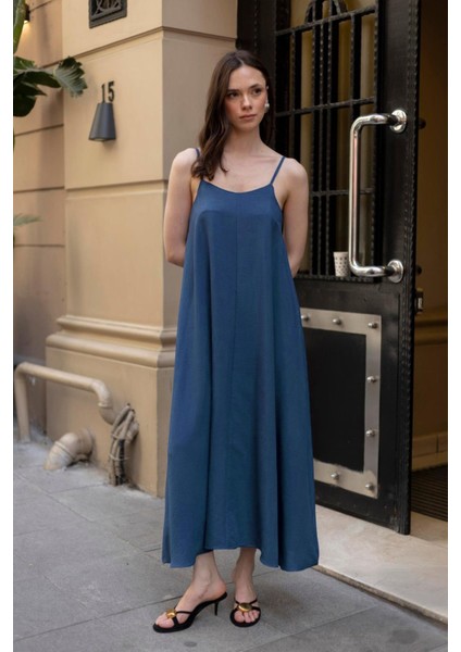 Kadın Ip Askılı Uzun Indigo Elbise
