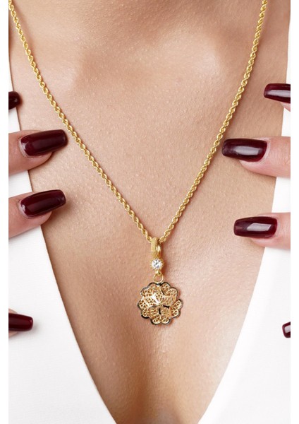 14 Ayar Altın Gül Motifli Telkari Kolye - Anne Kolyesi