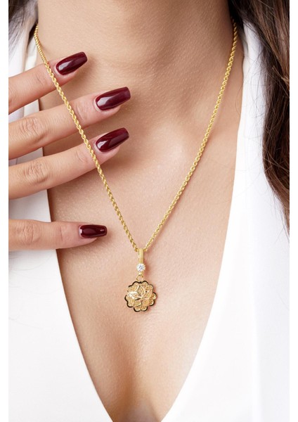 14 Ayar Altın Gül Motifli Telkari Kolye - Anne Kolyesi modelleri