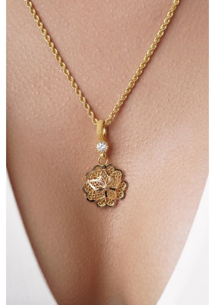 14 Ayar Altın Gül Motifli Telkari Kolye - Anne Kolyesi fırsatları