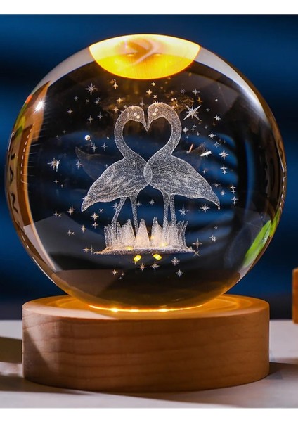 Ahşap Tabanlı LED Işıklı Flamingo Figürlü Kristal Küre