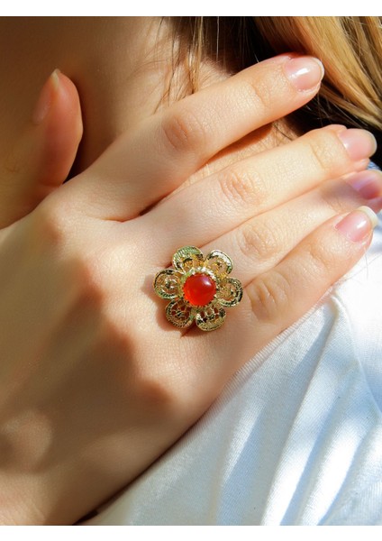 Doğal Taş Akik Doğal Taşlı Çiçek Model Telkari Kadın Ayarlanabilir Altın Kaplama Yüzük EUY59AG