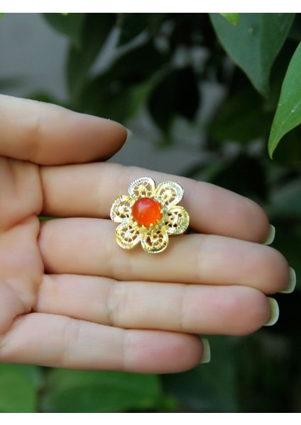Doğal Taş Akik Doğal Taşlı Çiçek Model Telkari Kadın Ayarlanabilir Altın Kaplama Yüzük EUY59AG modelleri