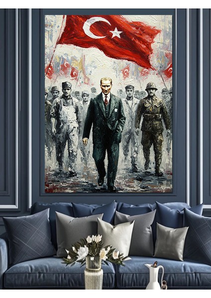 Mustafa Kemal Atatürk ve Bayrak Dekoratif Kanvas - Mdf Ahşap Tablo