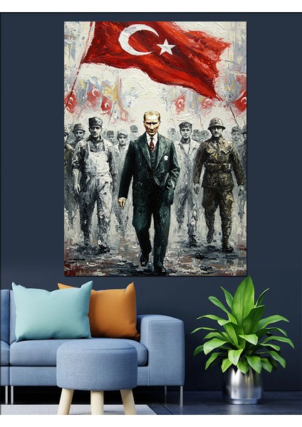 Mustafa Kemal Atatürk ve Bayrak Dekoratif Kanvas - Mdf Ahşap Tablo