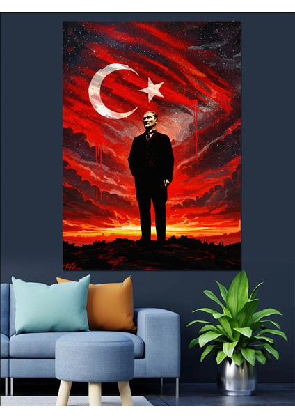 Bayrak Altında Mustafa Kemal Atatürk Dekoratif Kanvas - Mdf Ahşap Tablo