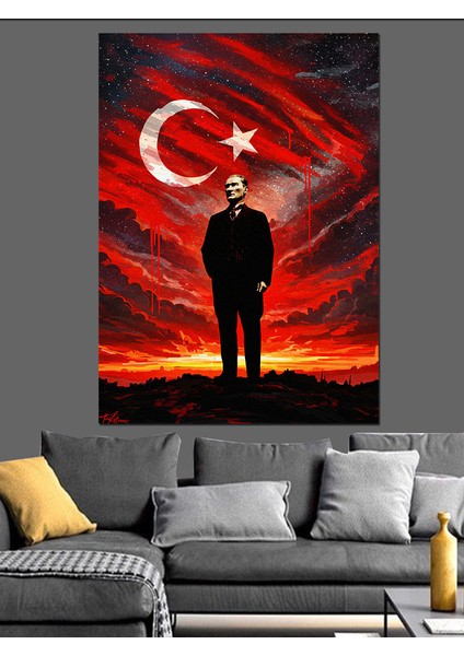 Bayrak Altında Mustafa Kemal Atatürk Dekoratif Kanvas - Mdf Ahşap Tablo fırsatları