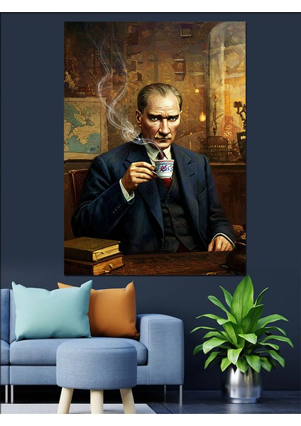 Çay ve Mustafa Kemal Atatürk Dekoratif Kanvas - Mdf Ahşap Tablo