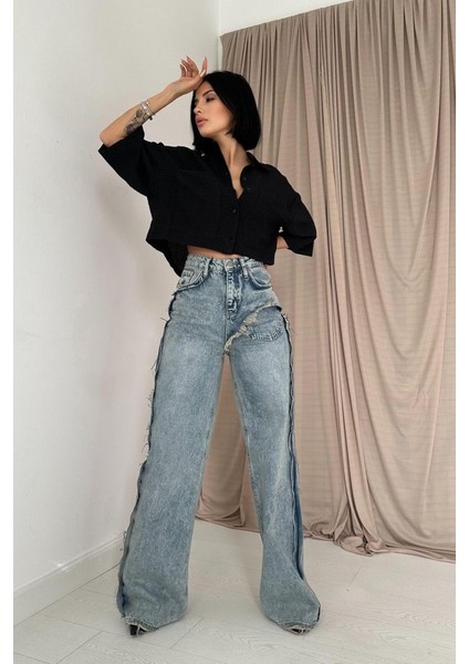 Kar Yıkama Yan Yırtmaçlı Jeans Pantolon