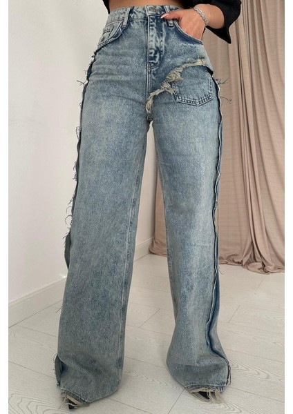 Kar Yıkama Yan Yırtmaçlı Jeans Pantolon