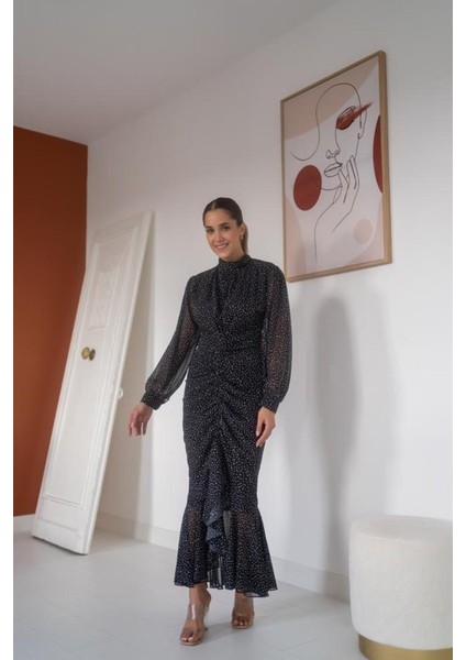 Siyah Balık Şifon Elbise