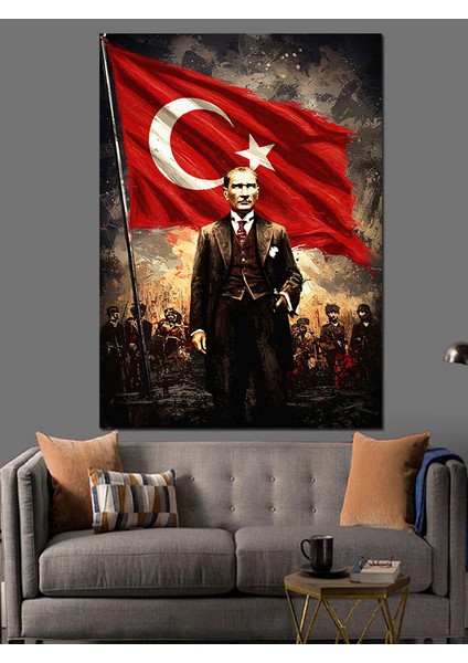 Mustafa Kemal Atatürk ve Bayrak Dekoratif Kanvas - Mdf Ahşap Tablo