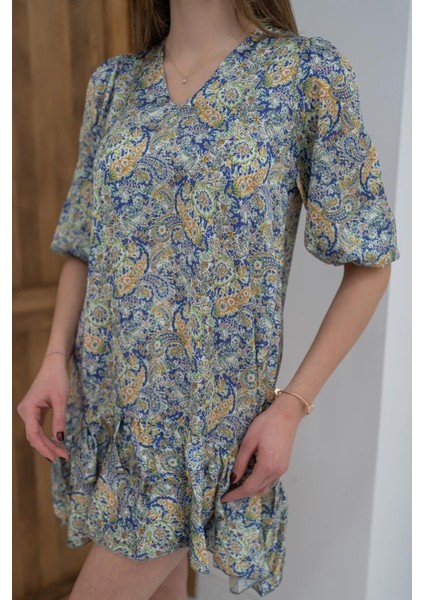 Yeşil Desenli Saten Elbise indirimleri