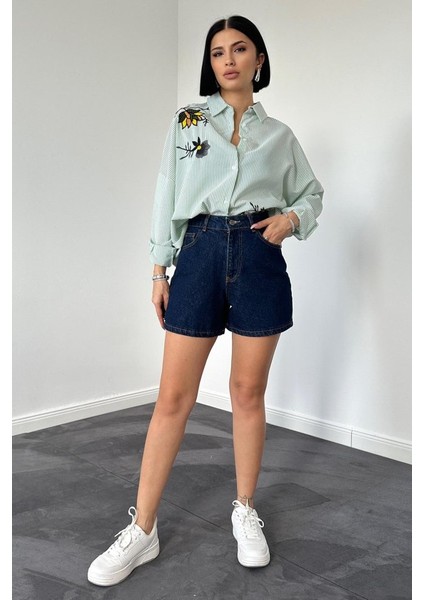 Yeşil Klasik Bedensiz Çizgili Poplin Nakışlı Gömlek modelleri
