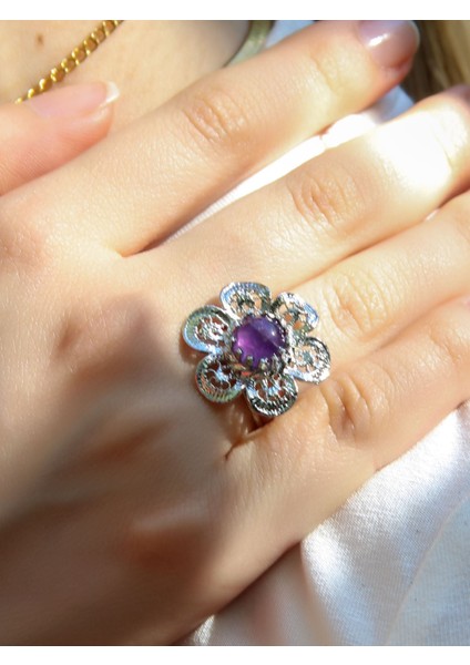 Doğal Taş Ametist Doğal Taşlı Çiçek Model Telkari Kadın Ayarlanabilir Gümüş Kaplama Yüzük EUY59AMTR