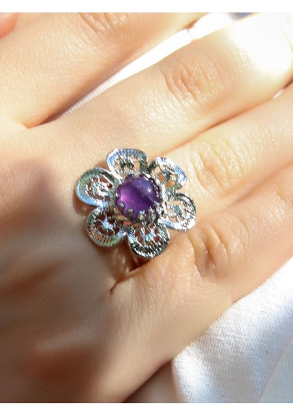 Doğal Taş Ametist Doğal Taşlı Çiçek Model Telkari Kadın Ayarlanabilir Gümüş Kaplama Yüzük EUY59AMTR fiyatları