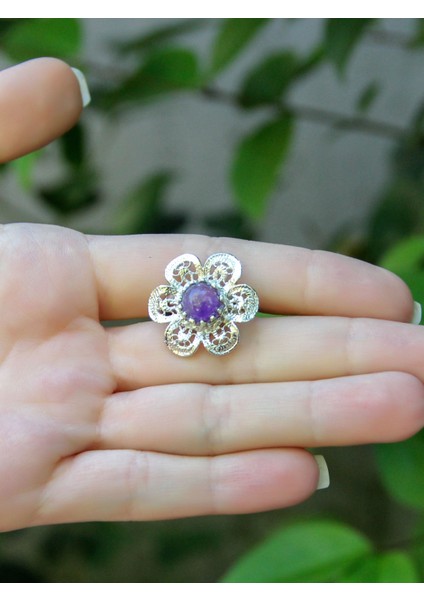 Doğal Taş Ametist Doğal Taşlı Çiçek Model Telkari Kadın Ayarlanabilir Gümüş Kaplama Yüzük EUY59AMTR modelleri