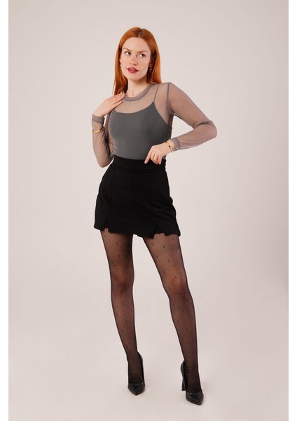 Transparan Gri Tül Basic Bluz
