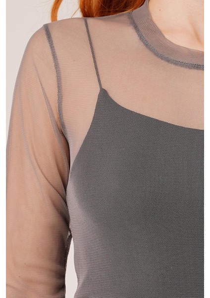 Transparan Gri Tül Basic Bluz