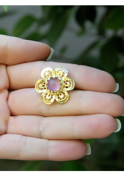 Doğal Taş Pembe Kuvars Doğal Taşlı Çiçek Model Telkari Kadın Ayarlanabilir Altın Kaplama Yüzük EUY59PKG modelleri