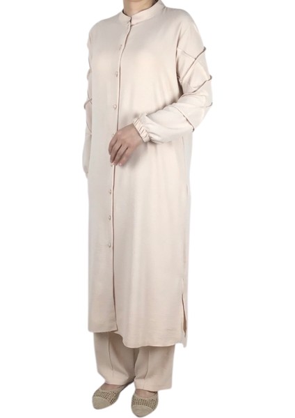 Kadın Önü Düğmeli Kolları Lastikli Pantolon Beli Lastikli Ayrobin Takım