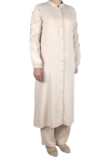 Kadın Önü Düğmeli Kolları Lastikli Pantolon Beli Lastikli Ayrobin Takım modelleri