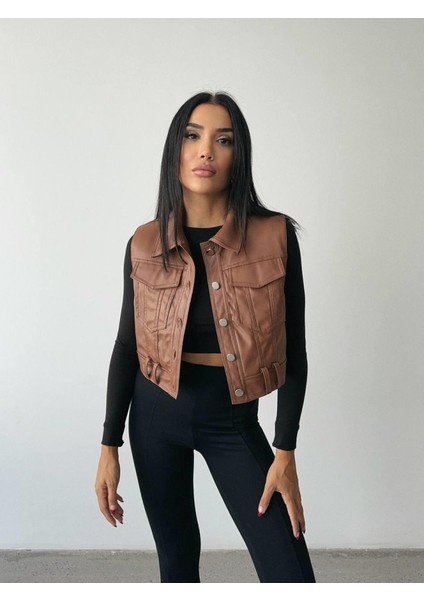 Deri Crop Yelek - Kahverengi