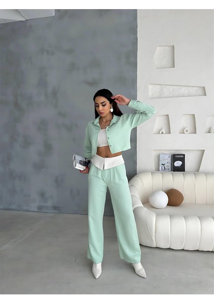 Keten Gömlek-Crop-Salaş Pantolon Takım - Mint