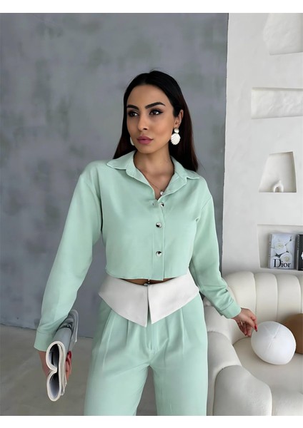 Keten Gömlek-Crop-Salaş Pantolon Takım - Mint