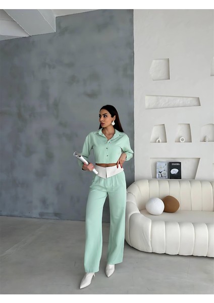 Keten Gömlek-Crop-Salaş Pantolon Takım - Mint