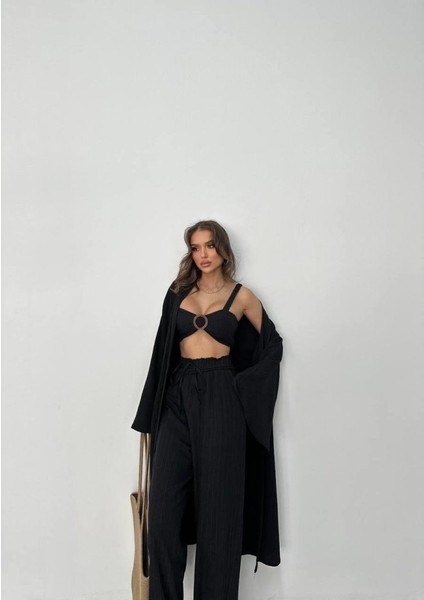 Krınkıl Büstiyer-Pantolon-Kimono Takım - Siyah