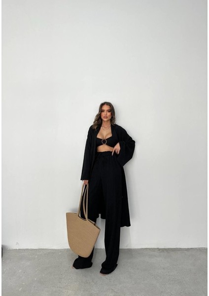 Krınkıl Büstiyer-Pantolon-Kimono Takım - Siyah