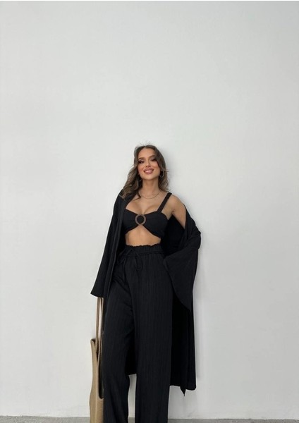 Krınkıl Büstiyer-Pantolon-Kimono Takım - Siyah