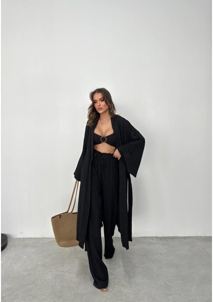 Krınkıl Büstiyer-Pantolon-Kimono Takım - Siyah