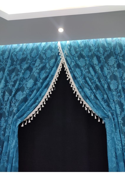 Turkuaz Kruvaze Perde Püsküllü 3 Metre (Seyrek Pile ) Mekazmasız Ipli Osmanlı Desen fiyatları