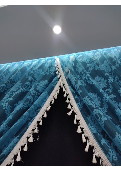 Turkuaz Kruvaze Perde Püsküllü 3 Metre (Seyrek Pile ) Mekazmasız Ipli Osmanlı Desen modelleri