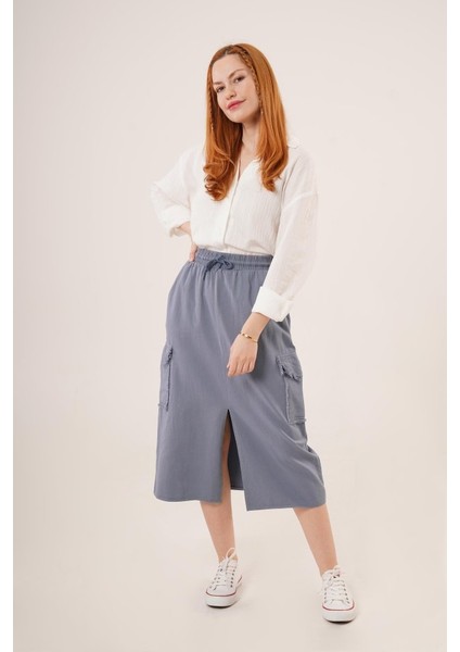 Ön Yırtmaçlı Cep Detaylı Indigo Etek fiyatları