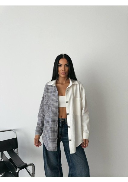 Chanel Parçalı Gömlek - Mavi-Ekru