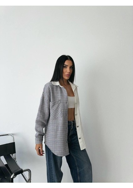 Chanel Parçalı Gömlek - Mavi-Ekru