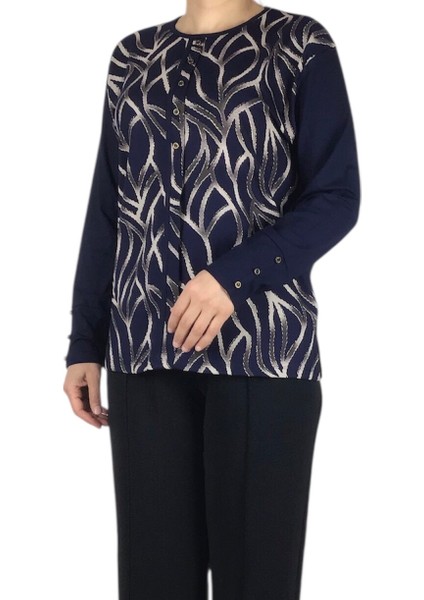 Kadın Önü Desenli Kol Düğme Detaylı Önü Kapalı Penye Bluz modelleri