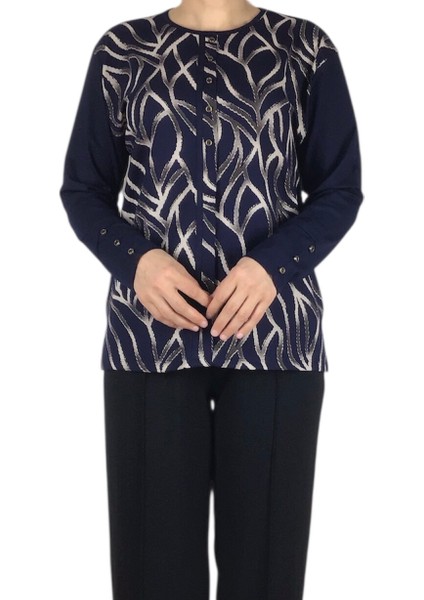 Kadın Önü Desenli Kol Düğme Detaylı Önü Kapalı Penye Bluz fırsatları