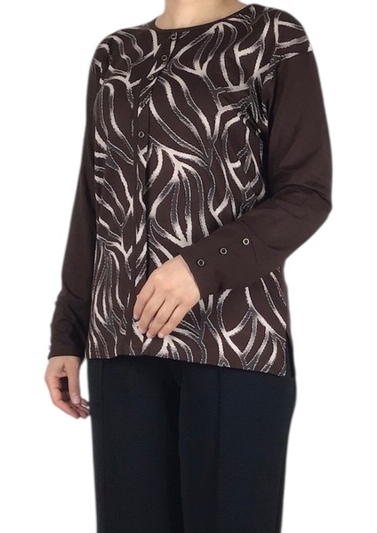 Kadın Önü Desenli Kol Düğme Detaylı Önü Kapalı Penye Bluz indirimleri