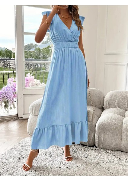 Kadın Kısa Kollu Kruvaze Yakalı Beli Lastikli Müslim Elbise fırsatları