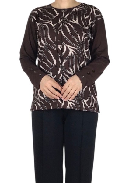 Kadın Önü Desenli Kol Düğme Detaylı Önü Kapalı Penye Bluz