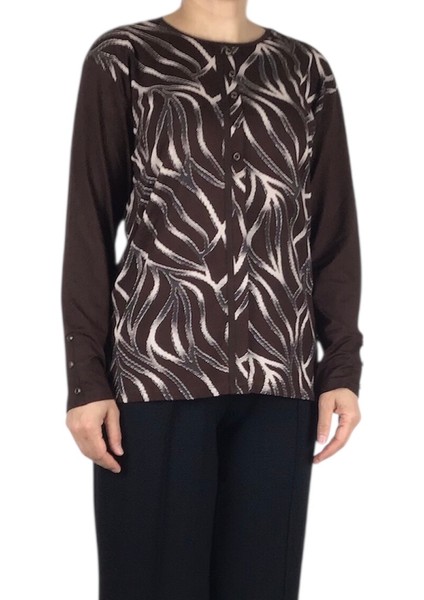 Kadın Önü Desenli Kol Düğme Detaylı Önü Kapalı Penye Bluz modelleri