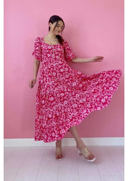 Fuşya Düğmeli Brode Elbise