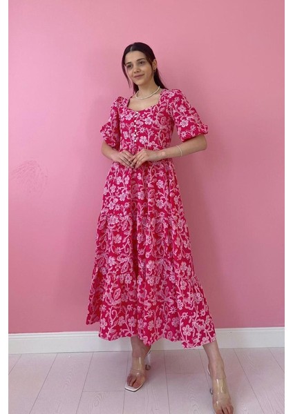 Fuşya Düğmeli Brode Elbise fiyatları
