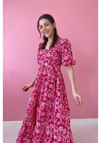 Fuşya Düğmeli Brode Elbise modelleri