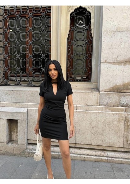 Polo Yaka Yaka Kemer Detaylı Kalem Elbise - Siyah