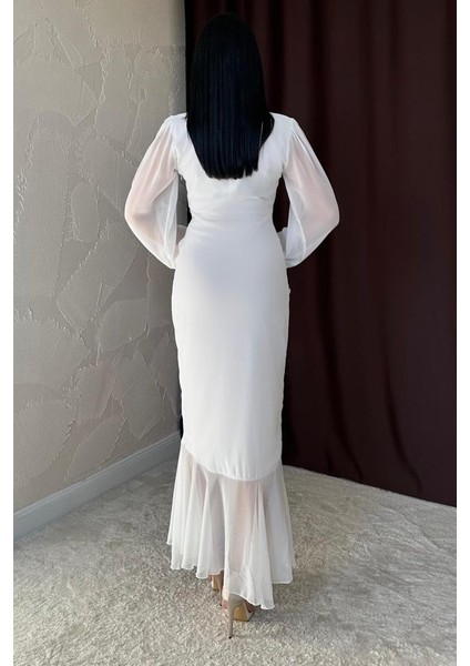 Beyaz Önü Büzgülü Şifon Elbise fırsatları